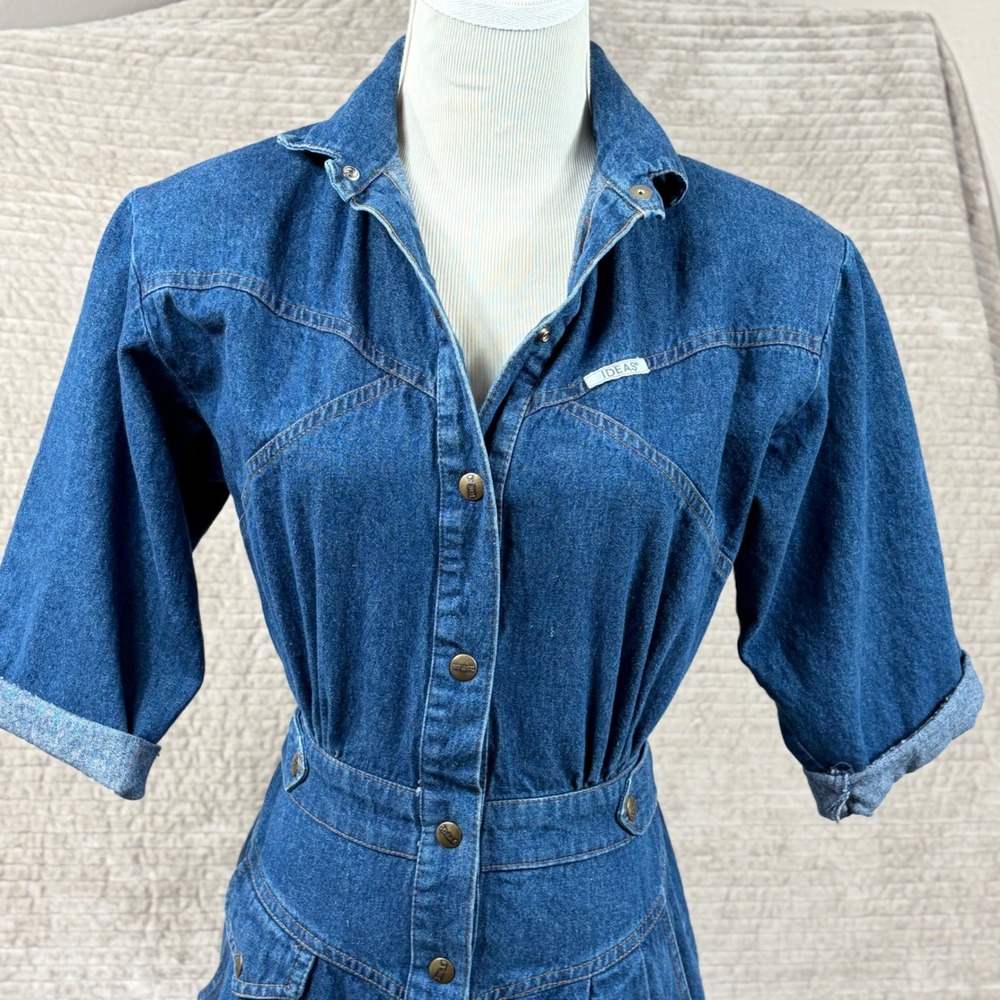 Vintage Ideas Denim Midi Dress Blue Western Button Front Elastic Waist Size 5/6